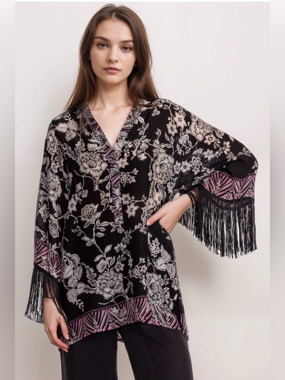 Johnny Was Black Edina Fringe Blouse XLarge - Picture 2 of 13